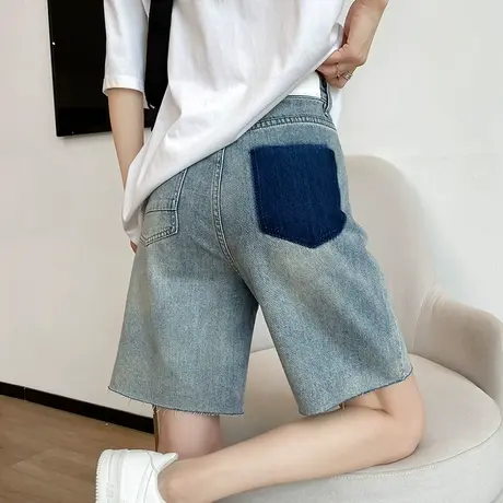 浅蓝色牛仔短裤女夏季薄款直筒五分裤撞色高腰宽松a字阔腿5分中裤商品大图