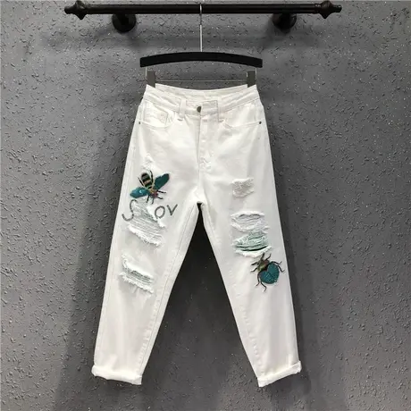 白色九分牛仔裤女春夏新款港味破洞个性亮片欧洲站宽松显瘦哈伦裤商品大图
