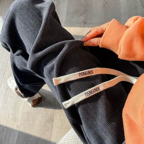 灯芯绒运动裤女2023年秋冬新款高腰宽松显瘦百搭休闲九分束脚卫裤商品大图