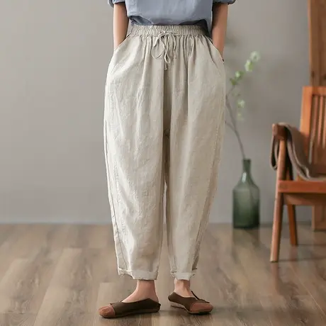 dza 高腰显瘦亚麻休闲裤女2023春夏新款九分直筒阔腿裤棉麻萝卜裤图片