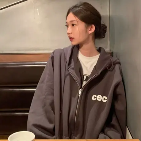 卫衣女2023春秋小个子高级感上衣慵懒风连帽大码薄款开衫拉链外套商品大图