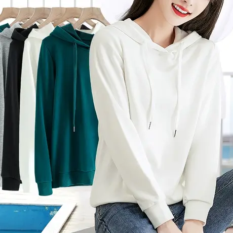 米白色薄款有连带帽子卫衣女修身显瘦简约百搭春秋单件内搭打底衫图片