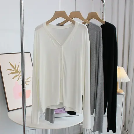 柔软百搭！莫代尔开衫外套女春秋季宽松V领长袖薄款披肩休闲上衣商品大图