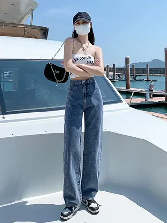 清仓复古蓝阔腿牛仔裤2023春夏秋新款显瘦直筒宽松垂感拖地裤图片