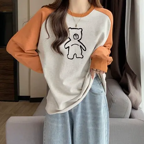 卫衣女2024新款春秋冬宽松显瘦加绒加厚拼接撞色插肩袖上衣外套潮图片