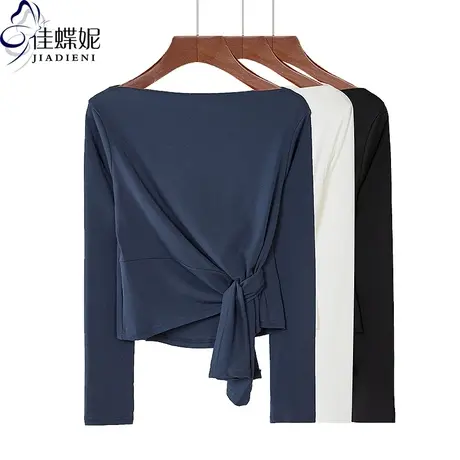 春秋新款韩版一字领修身纯棉绑结喜庆拜年红长袖体恤上衣女打底衫商品大图