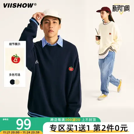 VIISHOW刺绣毛衣男士秋季新款日系圆领潮牌条纹宽松情侣装针织衫商品大图