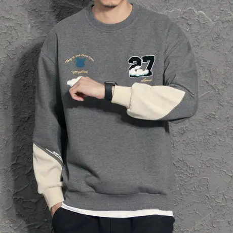 奕飏秋冬季男士休闲假两件圆领卫衣美式潮流2021新款外套加绒上衣商品大图