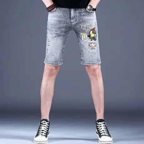 男士灰色刺绣印花牛仔短裤男款秋冬潮流裤子五分中裤过膝夏天休闲商品大图