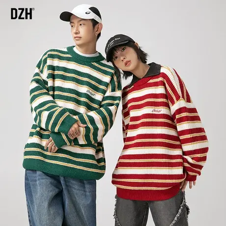 情侣条纹毛衣慵懒风针织衫男2023新款宽松秋装上衣外套男款毛线衣商品大图