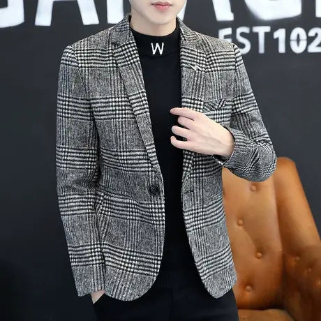 男士休闲西装外套2023新款韩版修身小西服帅气上衣秋冬厚款毛呢潮商品大图