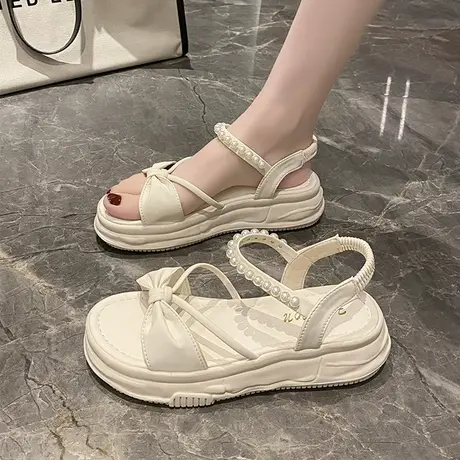 罗马凉鞋女夏季2023新款百搭厚底增高时尚露趾配裙子的珍珠松糕鞋商品大图