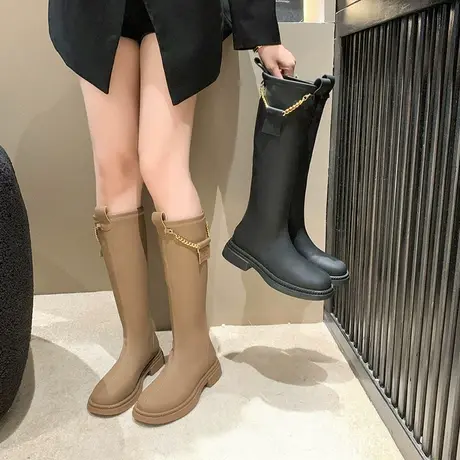 永希长筒靴女2023年春秋季新款韩系复古洋气瘦瘦靴粗跟高筒骑士靴图片