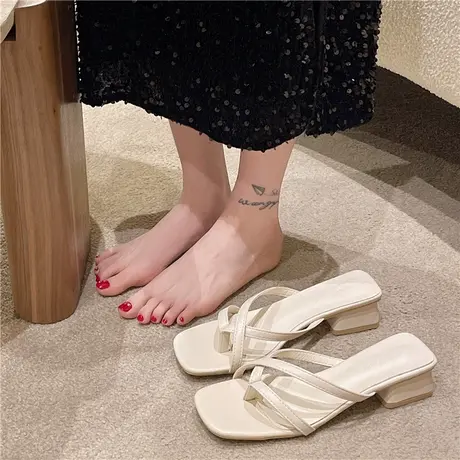 小众法式粗跟仙女风夹趾拖鞋女鞋子2024新款夏季细带低跟凉拖凉鞋商品大图