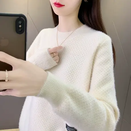 水貂绒毛衣女秋冬2023新款宽松加厚设计感抽绳针织打底衫洋气外穿图片