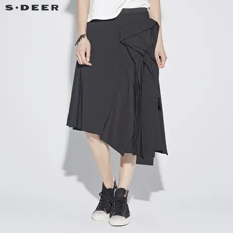 sdeer圣迪奥2018新款女装夏英伦条纹搭片飘带斜摆半身裙S18281135📙图片