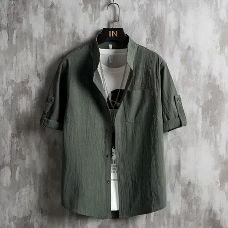 日系亚麻衬衫男竖领短袖宽松复古薄款T恤透气翻领白寸衣棉麻套头t商品大图