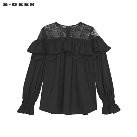 sdeer圣迪奥女22春夏新品圆领镂空蕾丝拼接长袖休闲衬衫S221Z0512图片