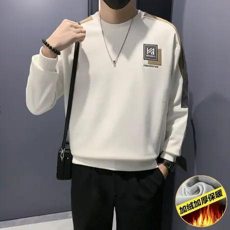 潮牌拼色加绒卫衣男秋冬季新款刺绣贴标设计感保暖内搭长袖t恤衫商品大图