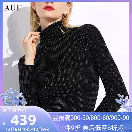 AUI黑色羊毛保暖内搭毛衣女冬2023新款气质百搭修身高领打底上衣图片