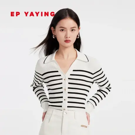 EP YAYING雅莹女装 撞色条纹V领冰丝polo针织开衫 2023夏装9125A图片