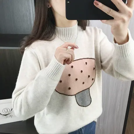 半高领毛衣女士套头针织衫加厚宽松打底衫2023新款秋冬季卡通上衣图片