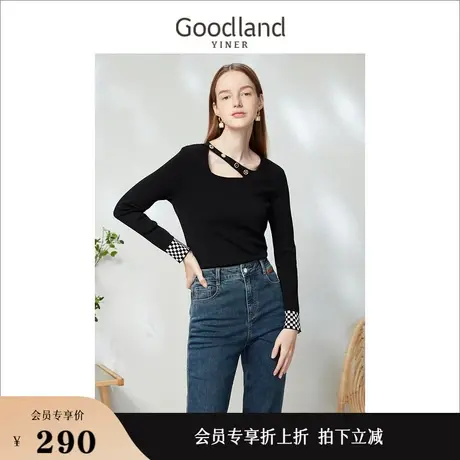Goodland美地女装2023春季不规格单斜领撞色袖口针织衫商品大图