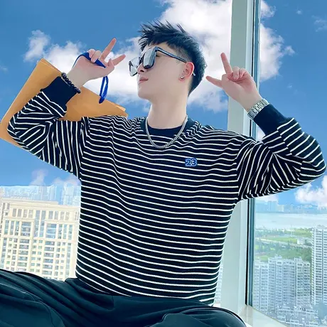 个性条纹拼接休闲卫衣男潮流2023春秋季长袖T恤上衣潮牌外套ins商品大图