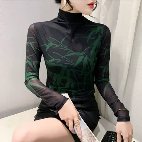 时尚气质性感网纱印花加绒秋冬2024新款T恤女内塔上衣修身打底衫商品大图