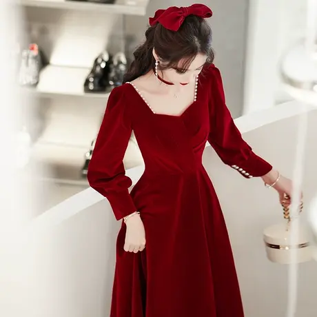 长袖敬酒服新娘2023新款秋冬季结婚订婚礼服连衣裙平时可穿酒红色商品大图