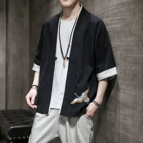 夏季中国风男唐装休闲潮流刺绣棉麻汉服男装禅服复古刺绣古风衣服商品大图