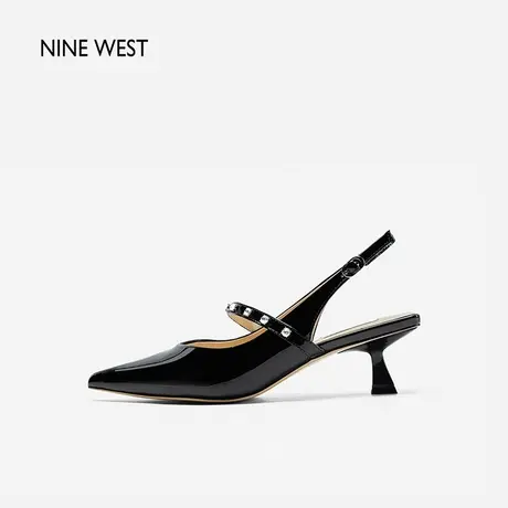 Nine West/玖熙尖头水钻漆皮凉鞋2024年夏季新款裸色锥跟法式单鞋商品大图