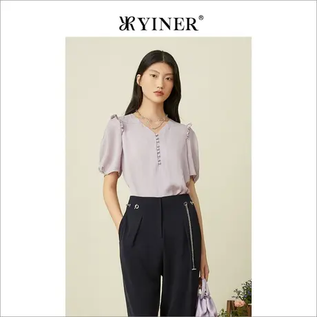 YINER音儿女装2022夏季V领上衣荷叶边泡泡袖雪纺衬衫图片