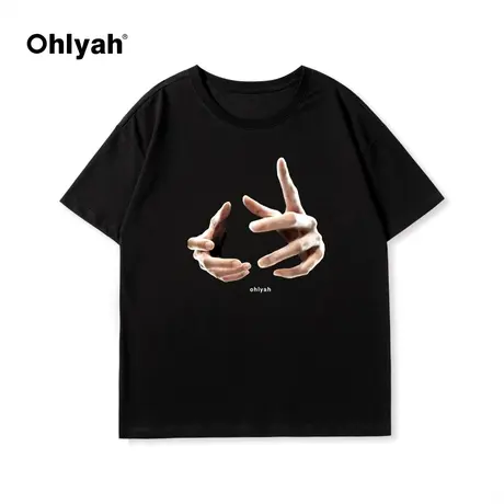 Ohlyah春夏新款魔术手印花oversize短袖T恤女无性别大码潮流半袖T图片