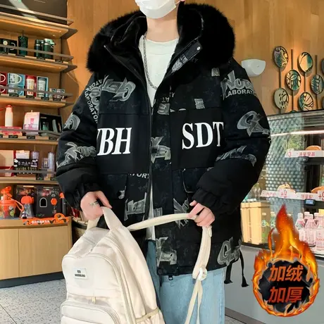 青少年加绒棉衣冬季潮牌字母印花加厚派克服棉袄保暖冬装棉服外套图片
