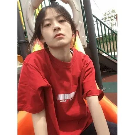 纯棉重磅设计感短袖t恤女夏季新款潮牌小众宽松半袖休闲红色上衣商品大图