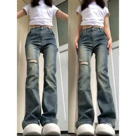 破洞微喇牛仔裤女夏季薄款美式复古设计感小众高腰显瘦阔腿直筒裤图片