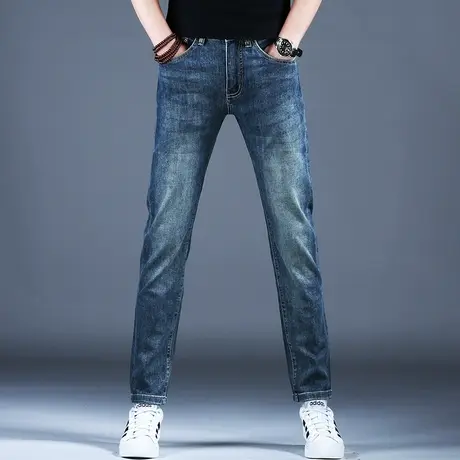 2024男士新款牛仔裤子简约修身做旧蓝色烫钻小脚裤四季棉弹潮牌男图片