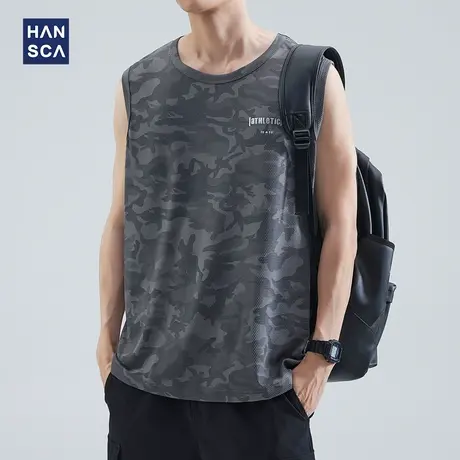 hansca 冰丝无袖背心男宽松夏季薄款美式休闲运动健身迷彩坎肩t恤商品大图