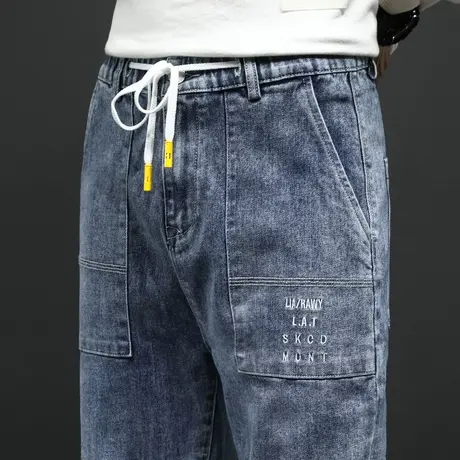 春秋款宽松紧腰抽绳男士牛仔裤哈伦工装束脚秋冬款青少年学生百搭图片