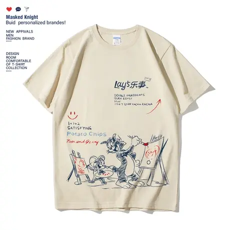 2023夏季潮牌卡通印花短袖t恤男学生纯棉圆领宽松休闲情侣装体恤图片