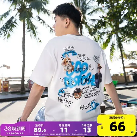 唐狮2024年夏季新款男短袖T恤后背潮流印花纯棉宽松圆领半袖上衣商品大图