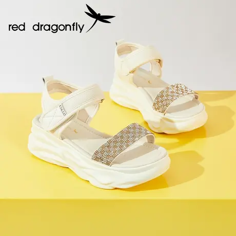 红蜻蜓厚底黑色凉鞋夏季女款2023年新款平底运动魔术贴水钻沙滩鞋商品大图