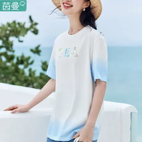茵曼休闲纯棉短袖T恤夏季宽松圆领绣花别致体桖女2024新款潮小众图片