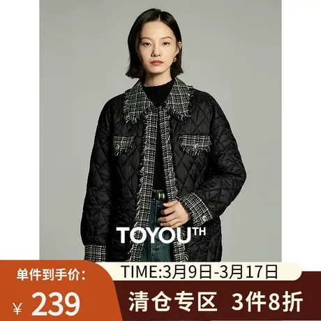 TOYOUTH初语小香风棉衣女2023冬季新款小个子粗花呢拼接气质外套商品大图