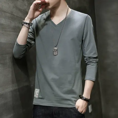 秋季棉感长袖t恤男V领纯色潮流韩版修身内搭打底衫学生冰丝上衣服商品大图