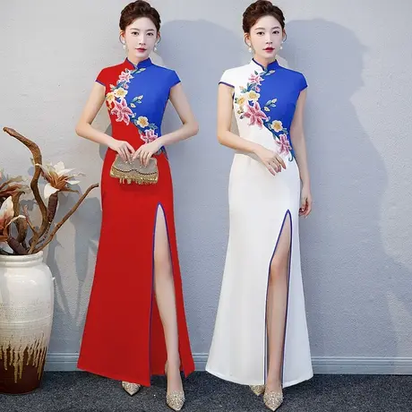 2023年新款走秀旗袍长款中老年高端舞台演出服大码表演旗袍形体服商品大图