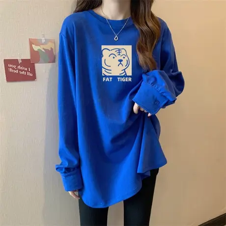 克莱因蓝长袖t恤女ins潮春秋季宽松大码小众上衣打底衫200斤胖mm商品大图