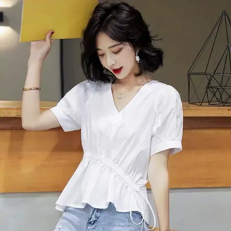 2022年新款夏季不规则白色短袖t恤女士宽松洋气时尚小衫半袖体桖商品大图