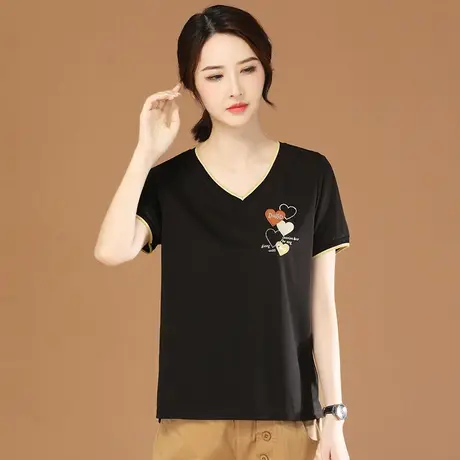 韩潮袭人V领镶钻黑色短袖T恤女2023夏新款刺绣休闲正肩体恤上衣薄商品大图